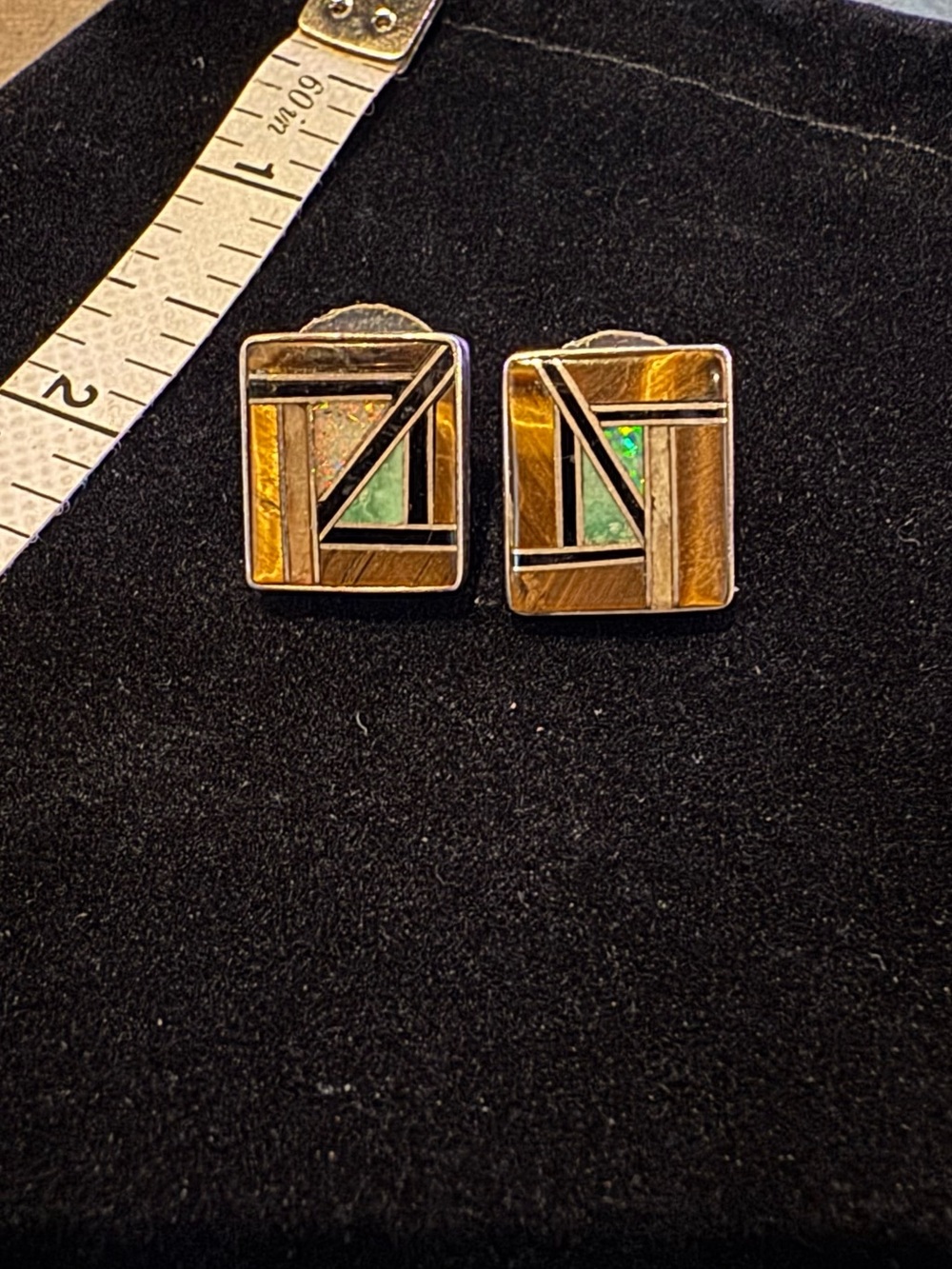 925 Sterling Silver Square Stud Earrings Green Inlay Two-Tone Signed